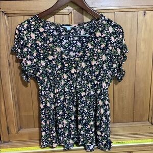 Black Smocked Ruffled Blouse with Floral Print